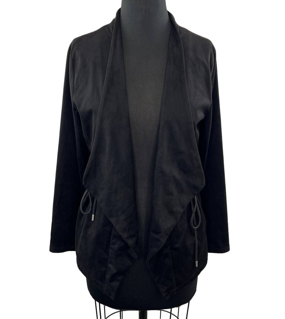 BLANKNYC Black Faux Suede Drapey Waterfall Jacket Drawcord Waist Vegan Light S